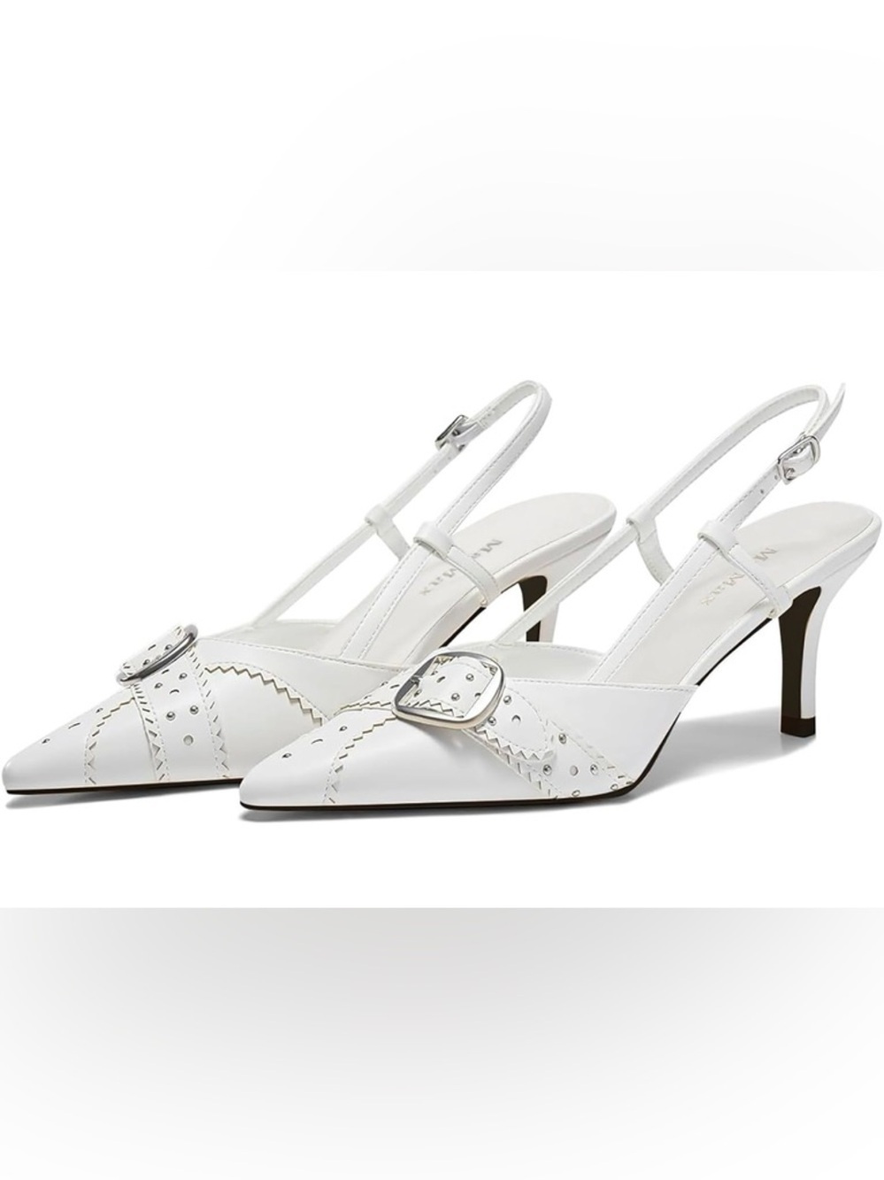 White Slingback Pointed Toe Heels with Buckle - Picture 1 of 5
